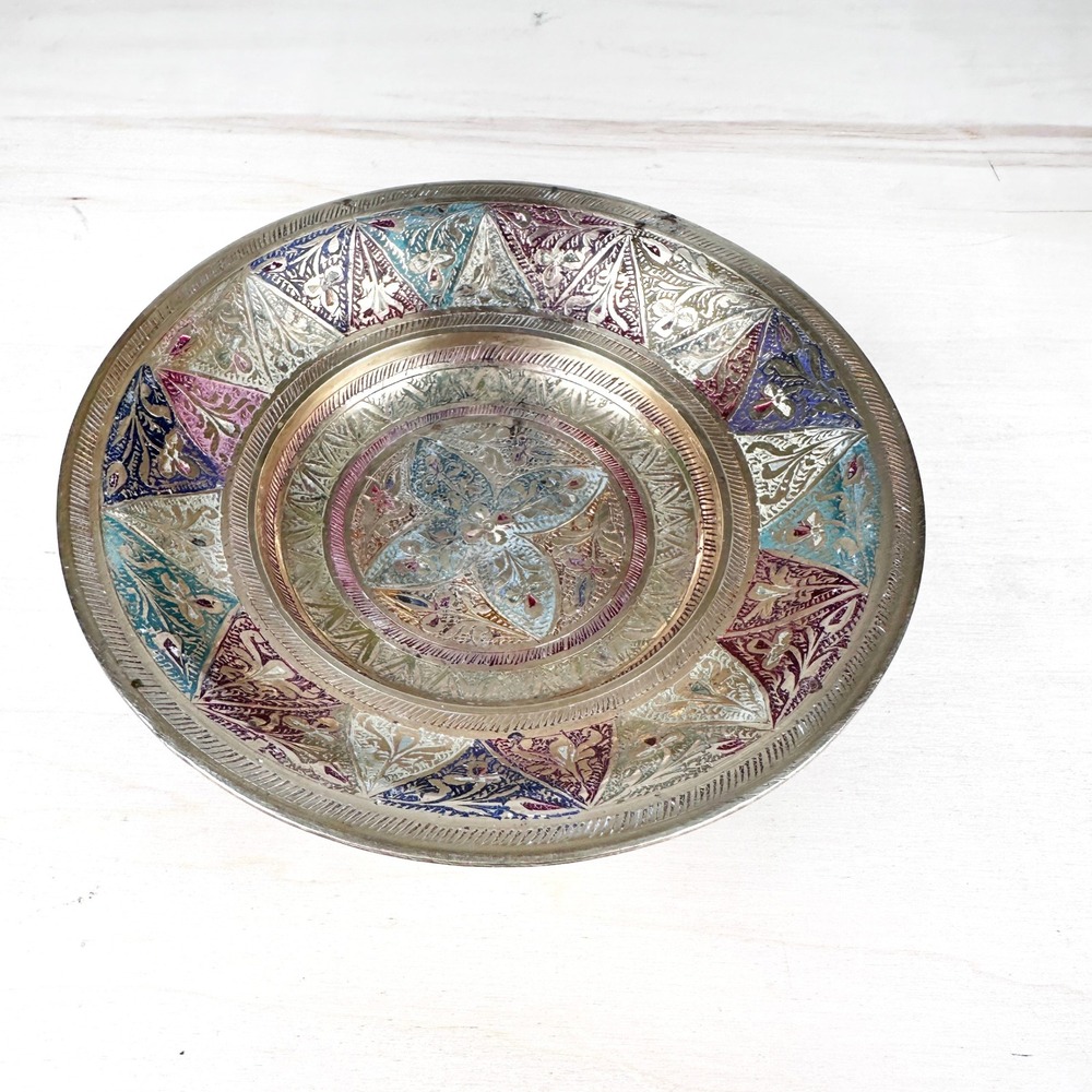 Vintage Sarna India Brass‎ Footed Bowl Enamel Floral Inlay 6" Across Signed